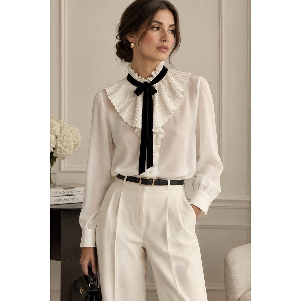 Haute Monde Womens Pleated Ruffle Collar Tie Neck Blouse Sheer White Black S